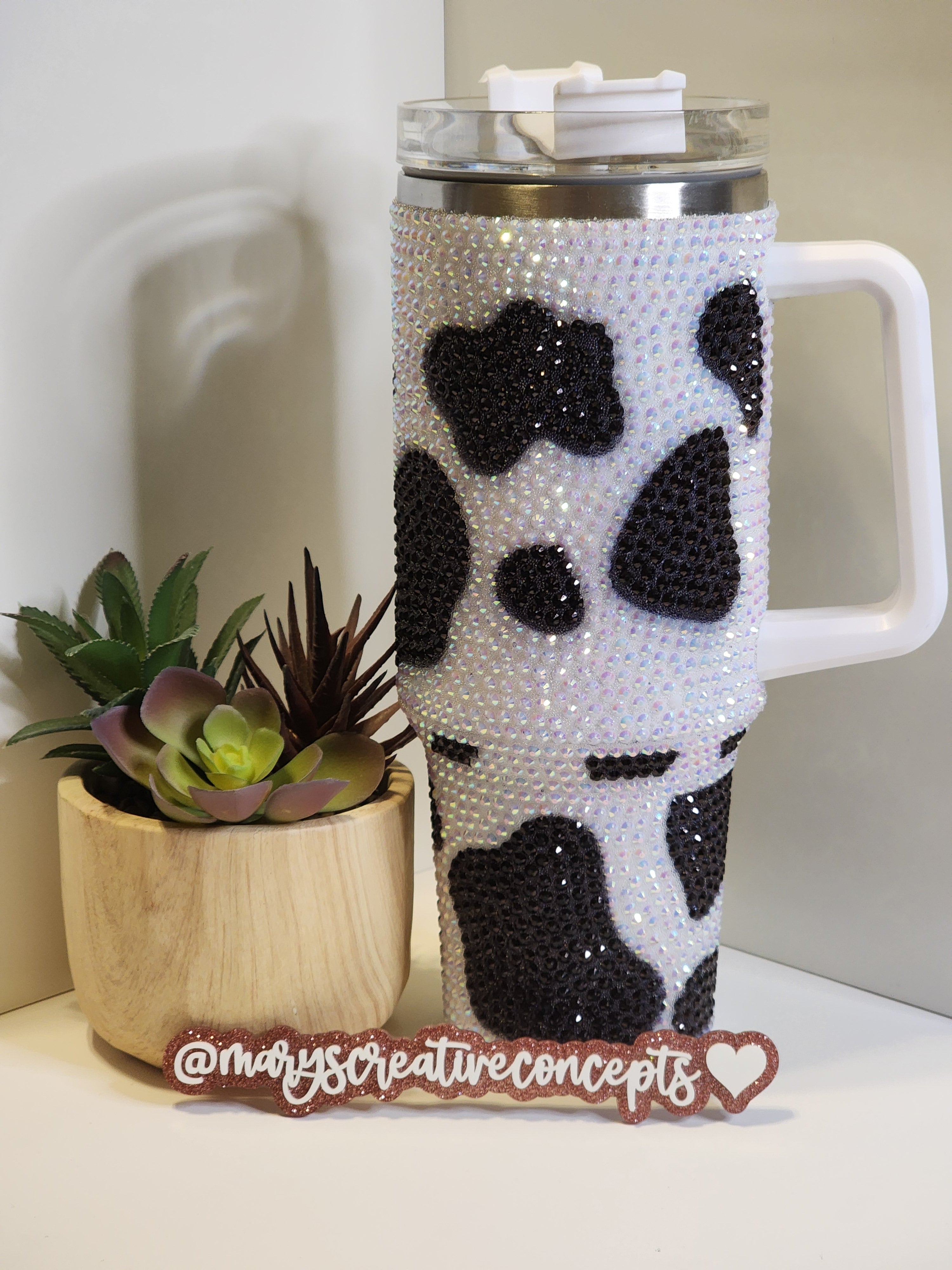 Black Cow Rhinestone Tumbler with Handle