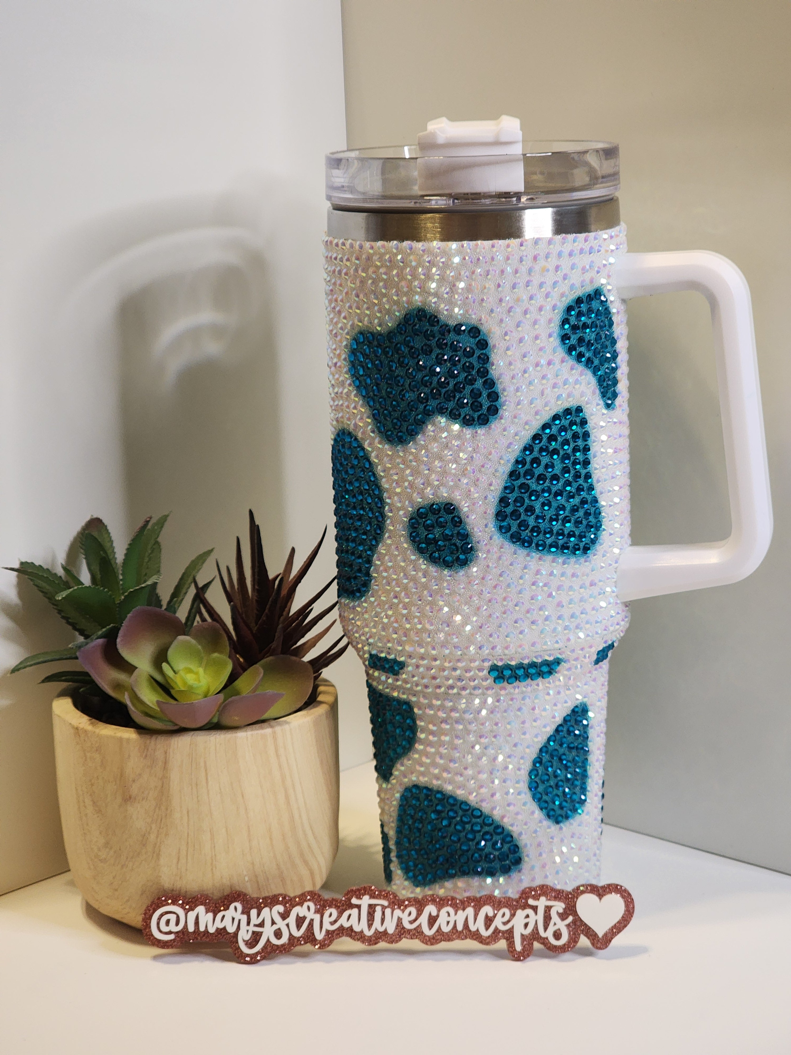 Teal Cow Rhinestone Tumbler with Handle