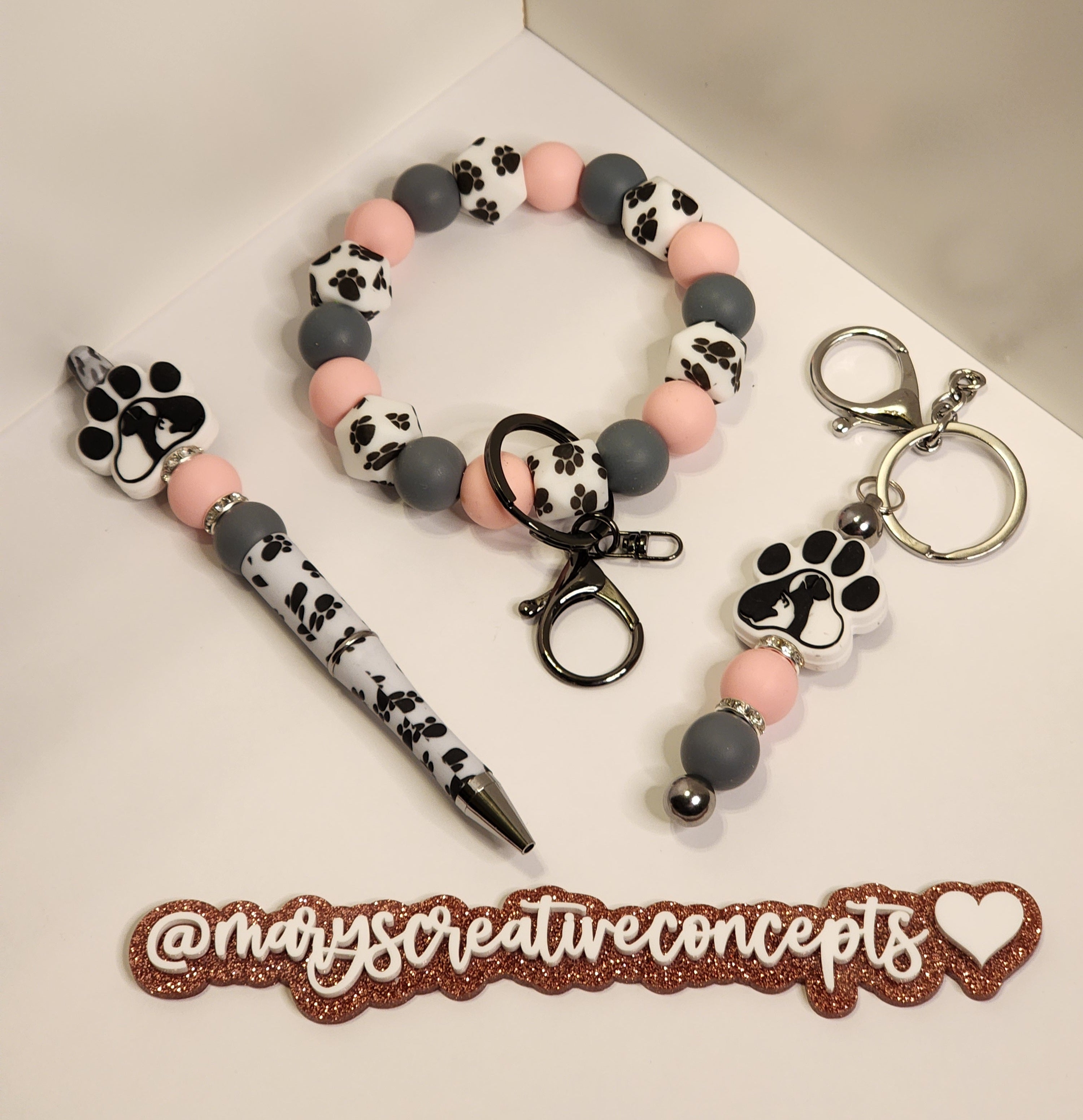 Pink/Gray/ Dog Paw Silicone Wristlet Keychain Set