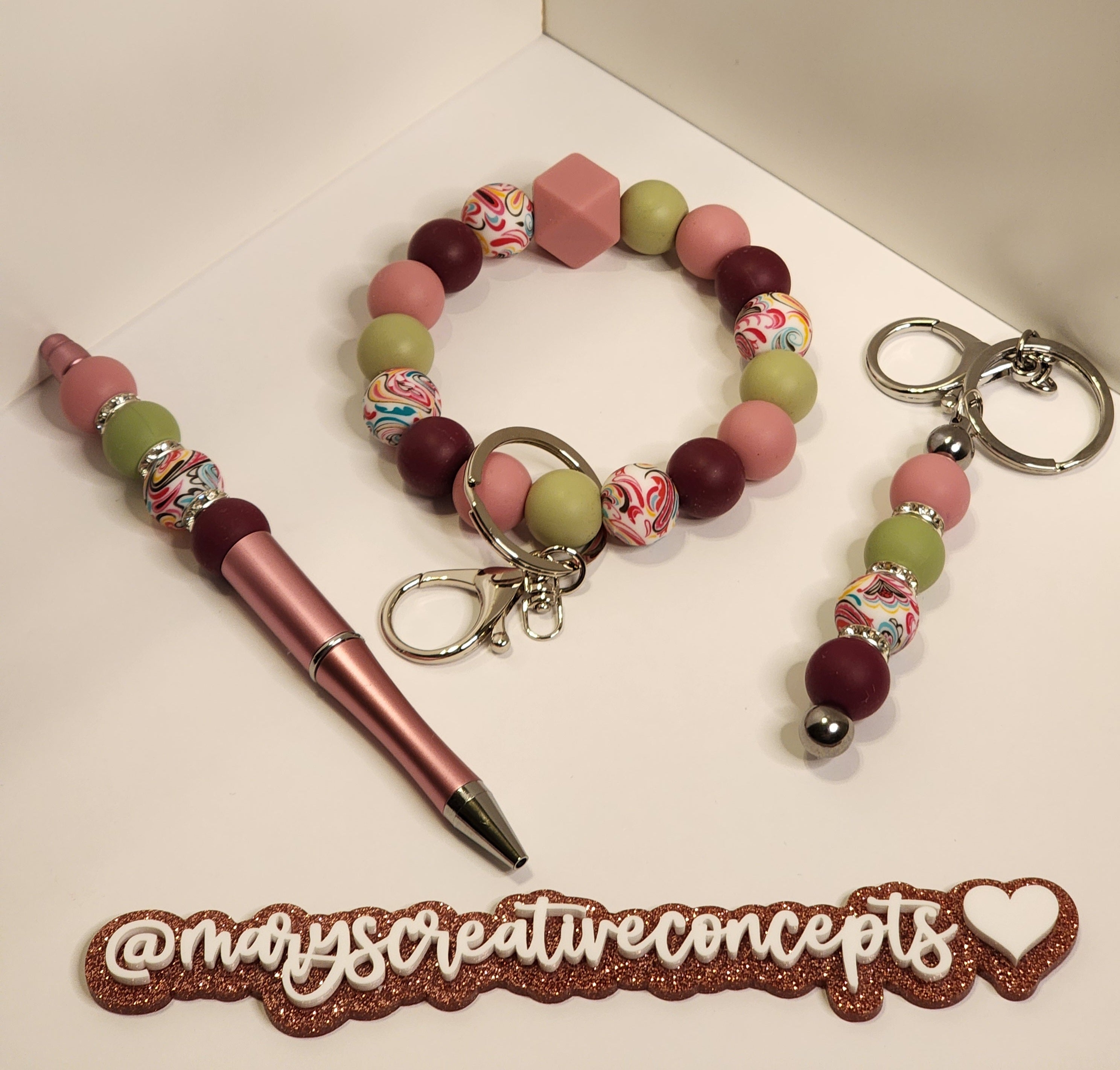 Mauve/ Wine/Floral Silicone Wristlet Keychain Set