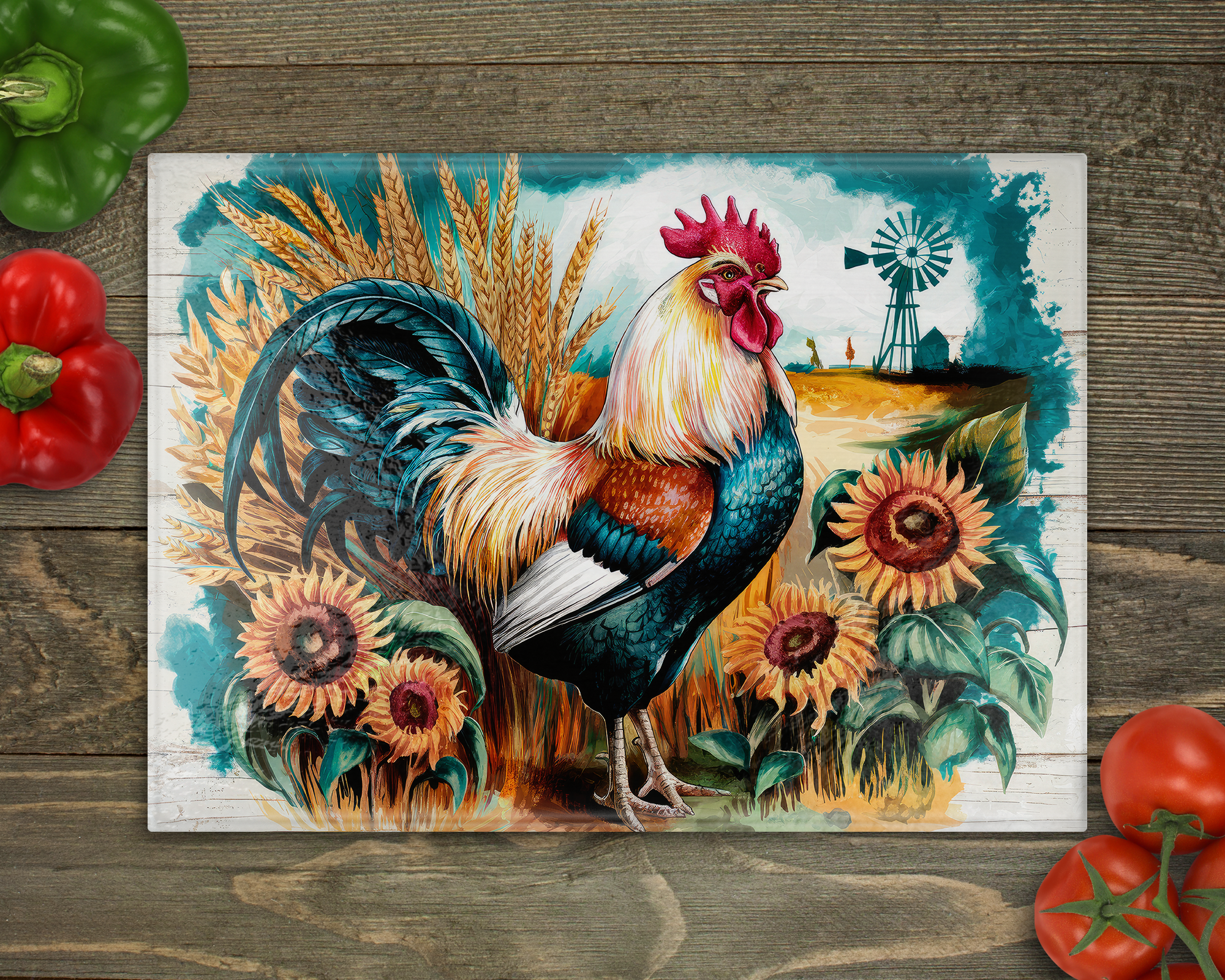 Rooster Teal Cutting Board