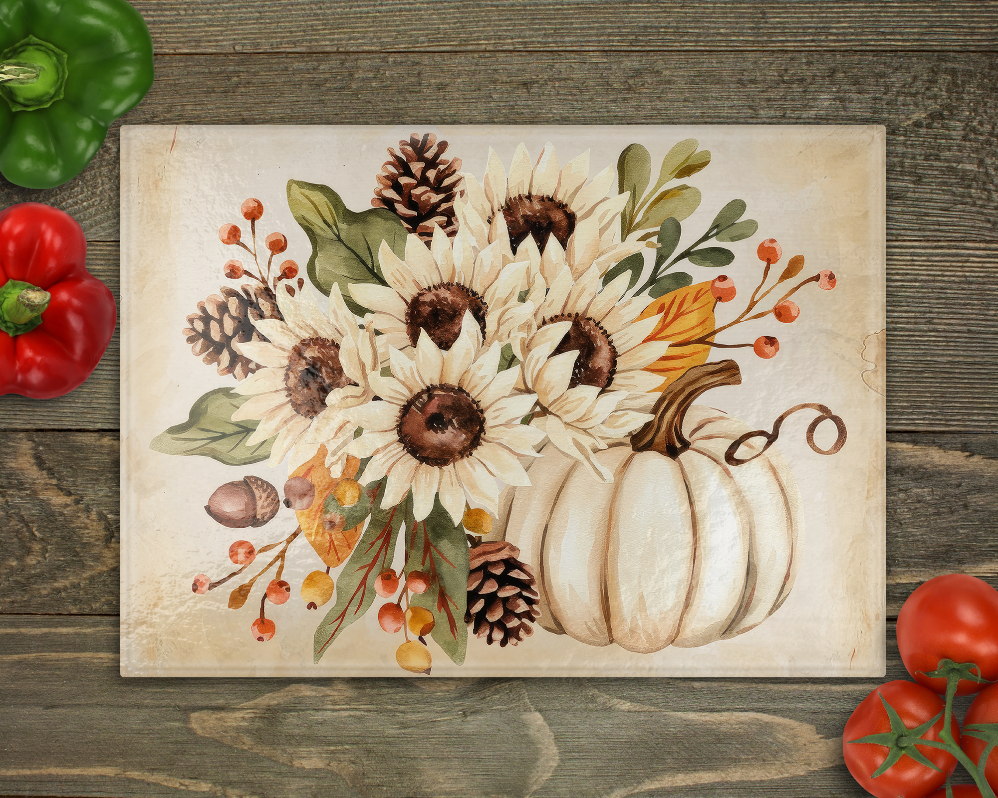 Cream Pumpkin Sunflowers Cutting Board