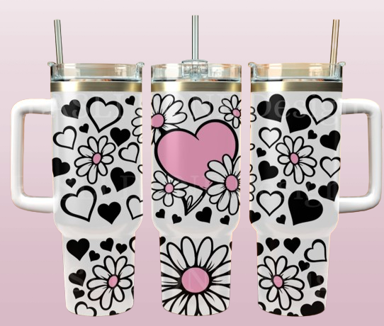 Hearts Black/Pink with flowers