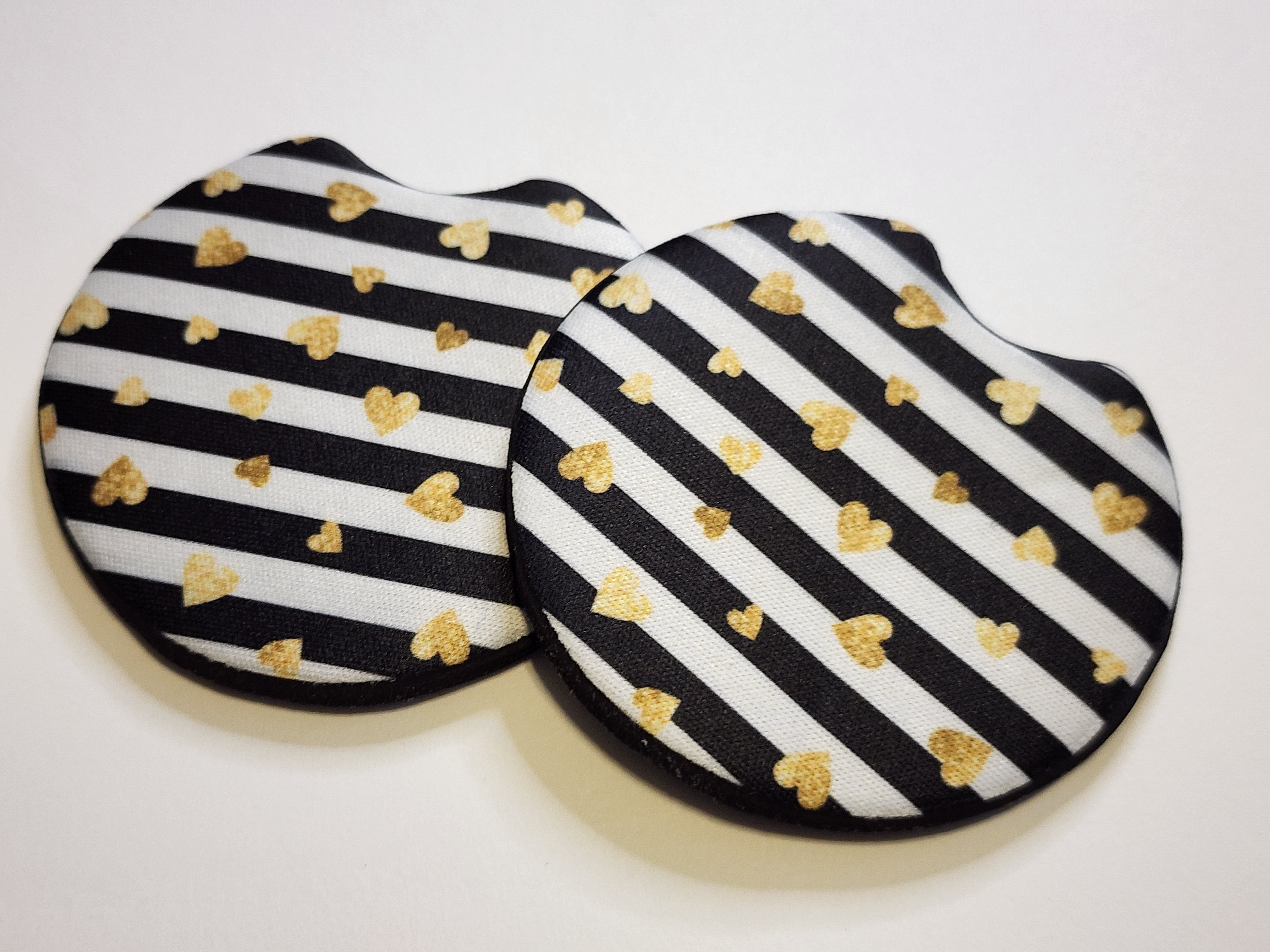 Black/White Stripes with Gold Hearts Car Coasters