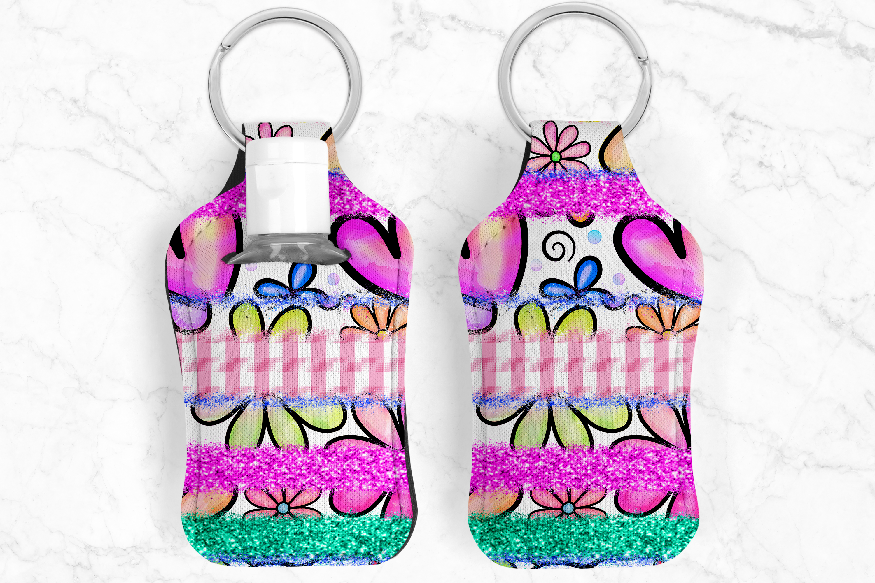 Flower Hearts Glitter Hand Sanitizer Keychain