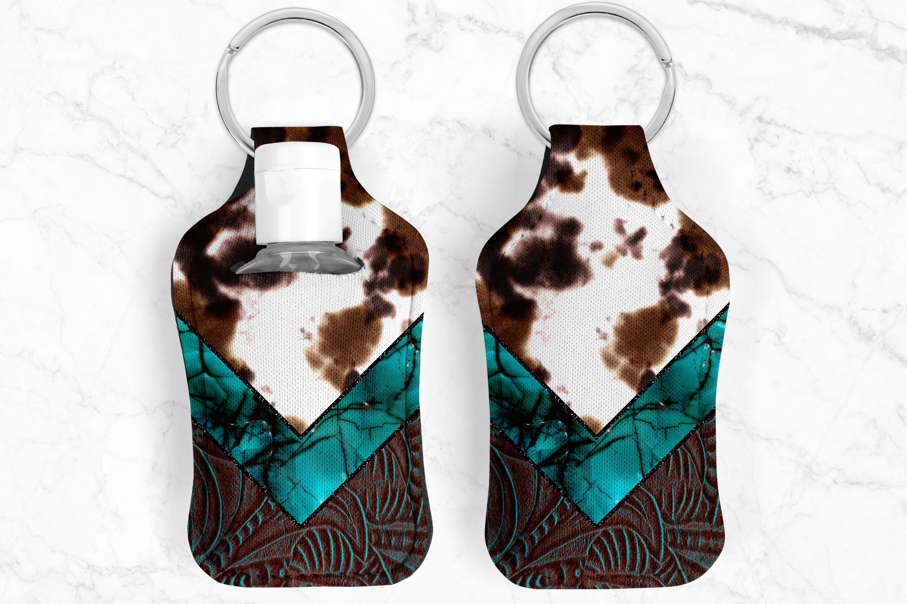 Turquoise Tooled Cowhide Hand Sanitizer Keychain