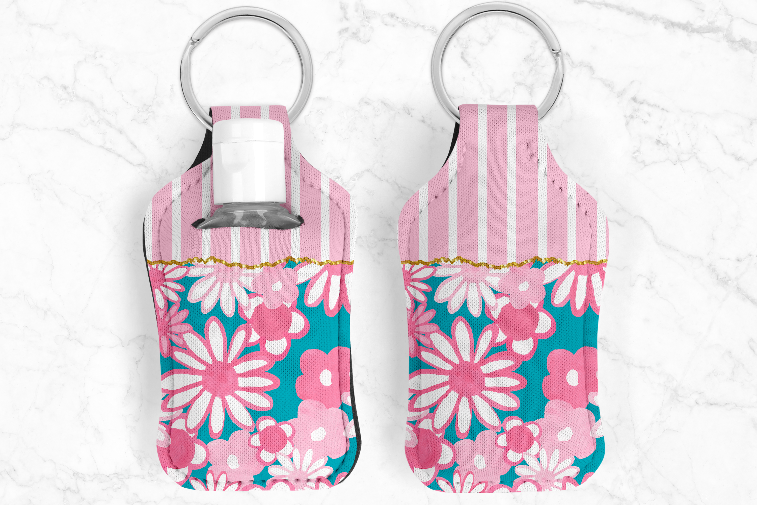 Floral Pink Stripe Hand Sanitizer Keychain