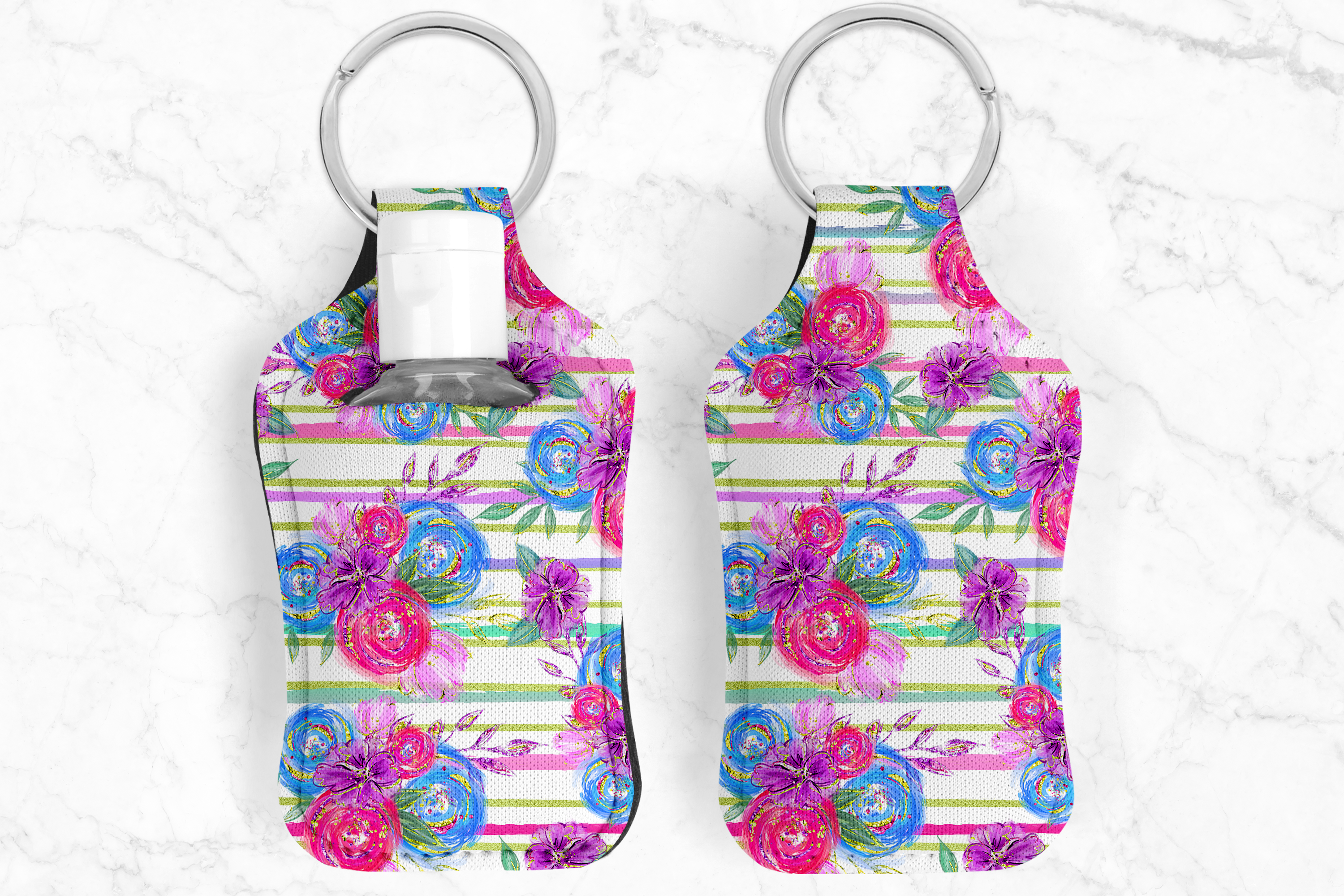 Flower Pink Blue Hand Sanitizer Keychain