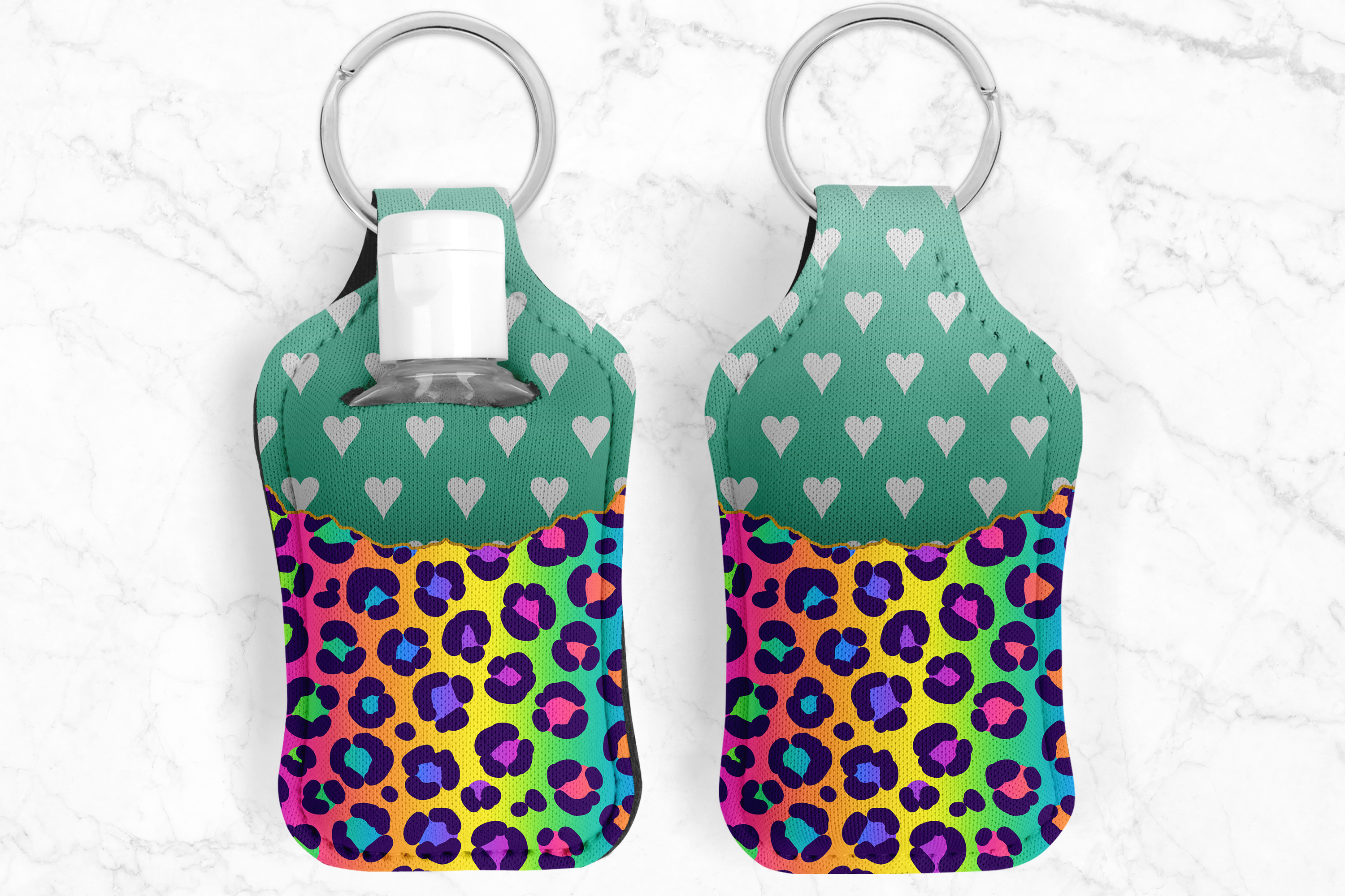 Leopard White Hearts Hand Sanitizer Keychain