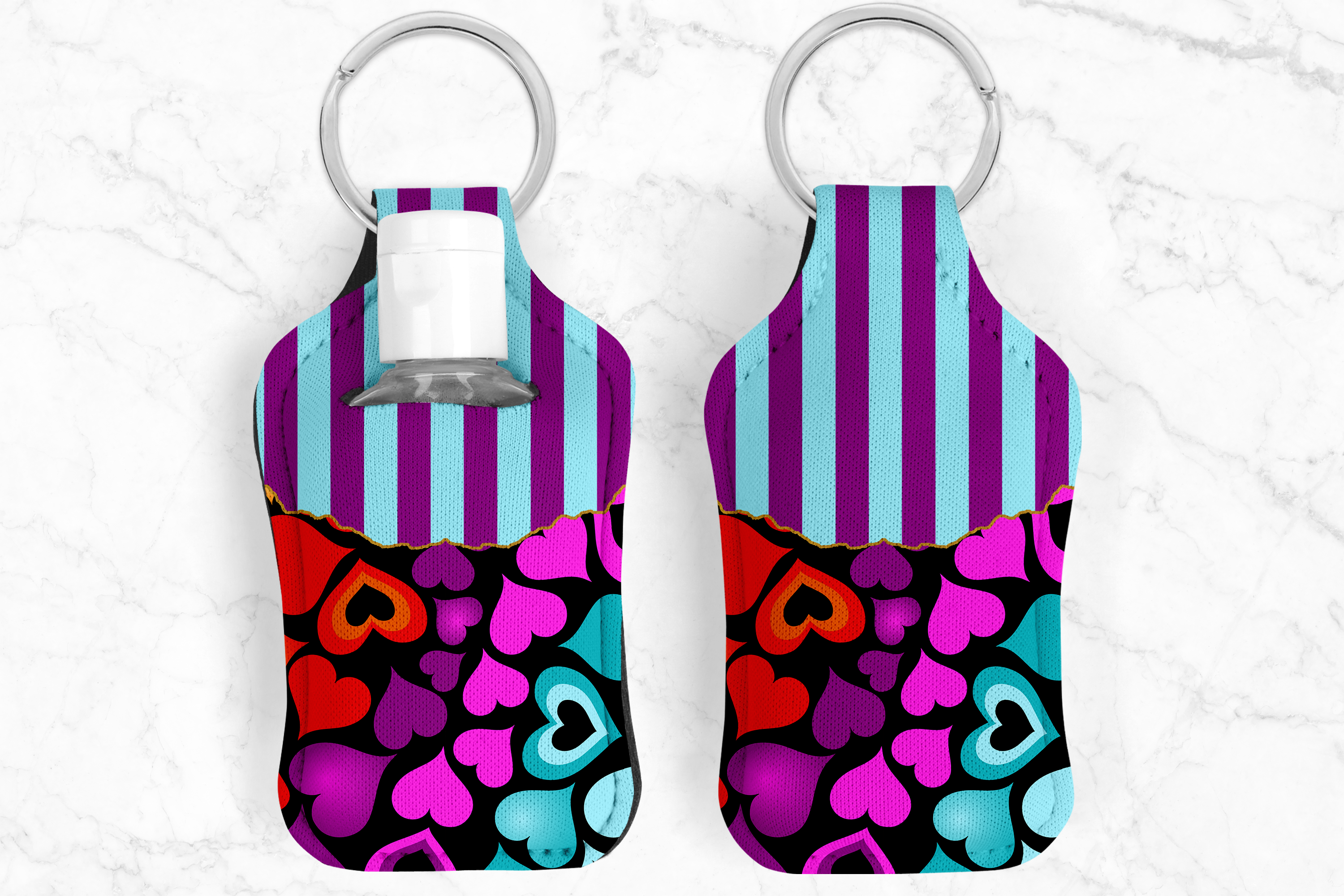 Stripe Hearts Hand Sanitizer Keychain