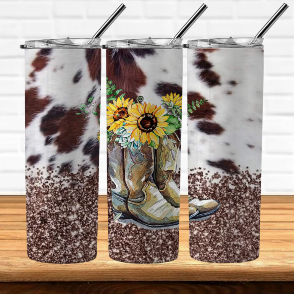 Cow print with cowboy boots & Sunflowers